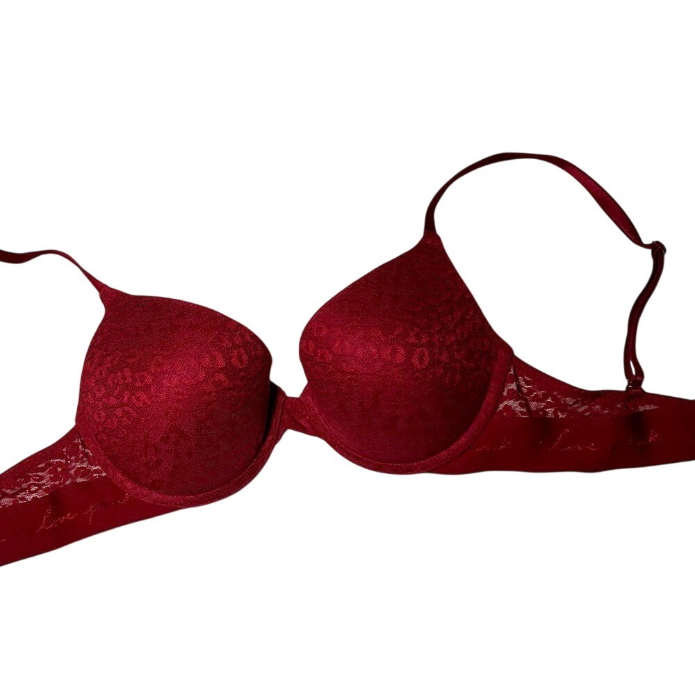 Victoria Secret PINK 32D Pushup Bra Red Lace Underwire Padded Peekaboo Layer